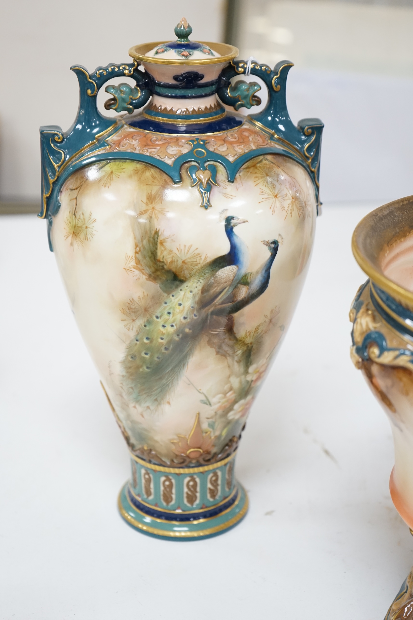 A Hadley's Worcester vase and cover and a Hadley's jardiniere, F100/50 and 168/2, tallest 31cm. Condition - good